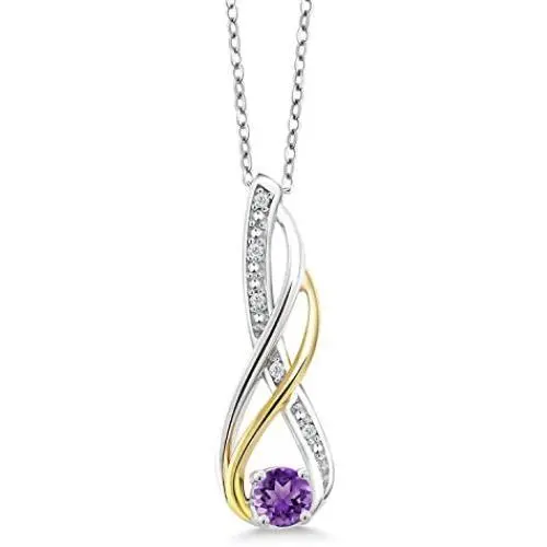 Gem Stone King 2 Tone 10K Yellow Gold and 925 Sterling Silver Purple Amethyst and Diamond Women Infinity Pendant Necklace (0.28 Ct Round Gemstone Birthstone with 18 Inch Chain)