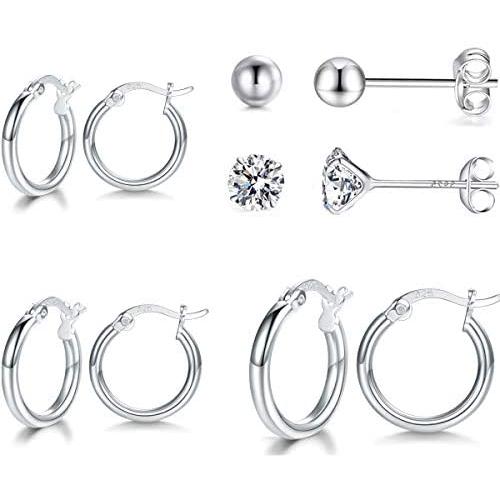 GULICX 3 Pairs Sterling Silver Small Hoop Stud Earrings Hypoallergenic Huggie Hinged Unisex Sleeper Hoops Earrings, Tiny Cartilage CZ Ball Earrings Piercing Jewellery for Women Girls