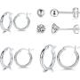 GULICX 3 Pairs Sterling Silver Small Hoop Stud Earrings Hypoallergenic Huggie Hinged Unisex Sleeper Hoops Earrings, Tiny Cartilage CZ Ball Earrings Piercing Jewellery for Women Girls