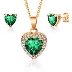 Swarovski Crystal Halo Heart Pendant Necklace Earrings for Women 14K Gold Plated Hypoallergenic Jewelry Set