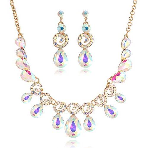 2 PCS/set Elegant Rhinestone Austrian Crystal Choker Necklace Teardrop Dangle Earrings Jewelry Sets for Women Girls, Womens Bridal Wedding Bridesmaid Party Birthday Prom Jewelry Gift.