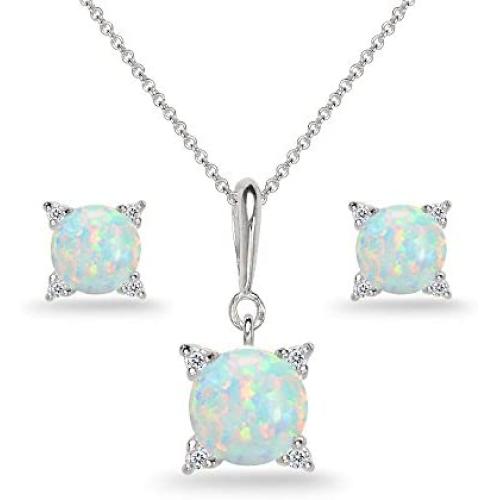 Sterling Silver Genuine or Synthetic Gemstone Studded Solitaire Necklace & Stud Earrings Set