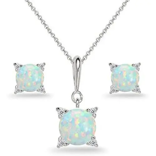 Sterling Silver Genuine or Synthetic Gemstone Studded Solitaire Necklace & Stud Earrings Set Sterling Silver Genuine or Synthetic Gemstone Studded Solitaire Necklace & Stud Earrings Set