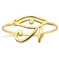 Unisex Egyptian Collection Horus Bird, Ankh, Maat, Eye of Heru Piece 3mm Wire Bangle Cuff Bracelet in Gold Tone (Eye of Heru / XB433G)