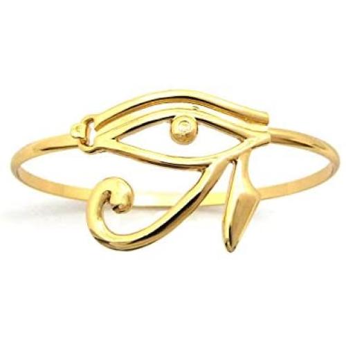 Unisex Egyptian Collection Horus Bird, Ankh, Maat, Eye of Heru Piece 3mm Wire Bangle Cuff Bracelet in Gold Tone (Eye of Heru / XB433G)