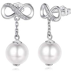 925 Sterling Silver Women Earrings- Beinlove Pearl Infinity Love Dangle Drop Earrings Studs for Women Best Valentines Day Mothers Day Gift