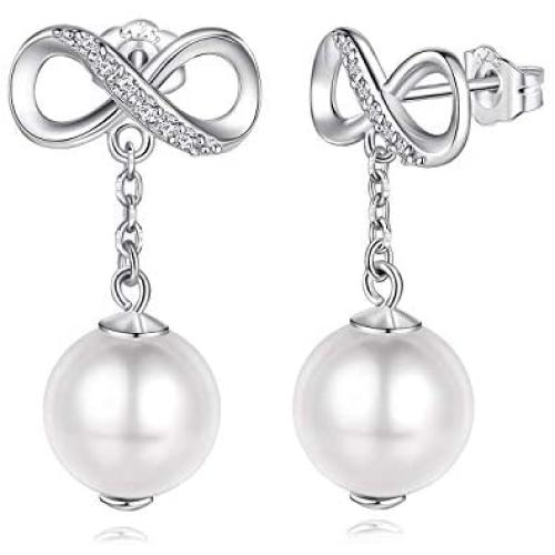 925 Sterling Silver Women Earrings- Beinlove Pearl Infinity Love Dangle Drop Earrings Studs for Women Best Valentines Day Mothers Day Gift