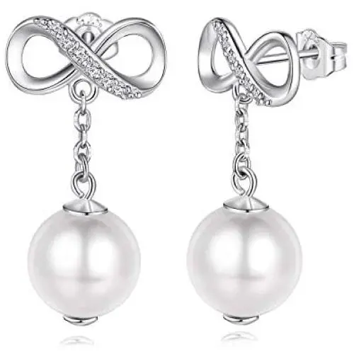 925 Sterling Silver Women Earrings- Beinlove Pearl Infinity Love Dangle Drop Earrings Studs for Women Best Valentines Day Mothers Day Gift