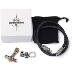 Gungneer Thors Hammer Pendant Mixed Gold Color Viking Mjolnir Necklace for Men with Black Wolf Head Leather Chain, 316L Stainless Steel Bonus 2 Rune Beads