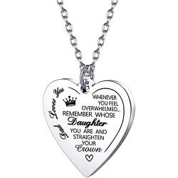 MollyQueen Daughter Heart Pendant Necklace from Dad Mom Inspirational Gift Remember Whose Daughter You are Stainless Steel Jewelry Birthday Gifts