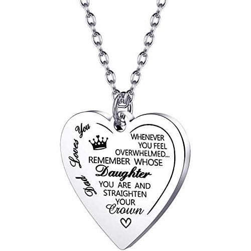 MollyQueen Daughter Heart Pendant Necklace from Dad Mom Inspirational Gift Remember Whose Daughter You are Stainless Steel Jewelry Birthday Gifts