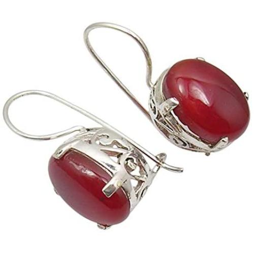 SilverStarJewel 925 Sterling Silver 10 x 14 mm Cab Carnelian Earrings 1.1'' Ladies Jewelry