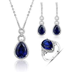 ATTA GEMS 925 Sterling Silver Pear Shape Birthstone Necklace Dangle Earring and Ring Jewelry Set Gifts for Women Girls Bridal