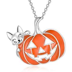 PELOVNY Womens Pumpkin Necklace S925 Sterling Silver Cat Pendant Halloween Party Birthday Christmas Jewelry Gift for Girls Sister