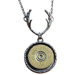 Bullet Jewelry Deer Antler Pendant Necklace with Brass Shotgun Charm. Optional Crystal.