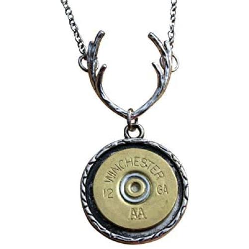 Bullet Jewelry Deer Antler Pendant Necklace with Brass Shotgun Charm. Optional Crystal.