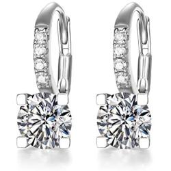 FANCIME 14k White Gold Plated 925 Sterling Silver Hoop Earrings Dangle Four Prong Star Moissanite Huggie Hoop Earrings for Women Girls Fine Jewelry Gifts (1cttw,2cttw, EF Color, VVS Clarity)