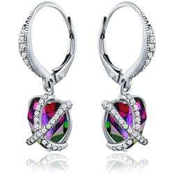CRYSTAL ICE Rhodium Plated Swarovski Leverback Earrings, Colored Crystal with Zirconia Accents