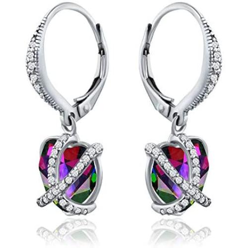CRYSTAL ICE Rhodium Plated Swarovski Leverback Earrings, Colored Crystal with Zirconia Accents