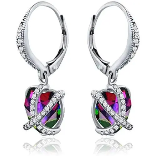 CRYSTAL ICE Rhodium Plated Swarovski Leverback Earrings, Colored Crystal with Zirconia Accents CRYSTAL ICE Rhodium Plated Swarovski Leverback Earrings, Colored Crystal with Zirconia Accents
