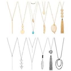 Hicarer 12 Pieces Long Pendant Necklace Set Y Tassel Leaf Circle Bar Necklace for Women