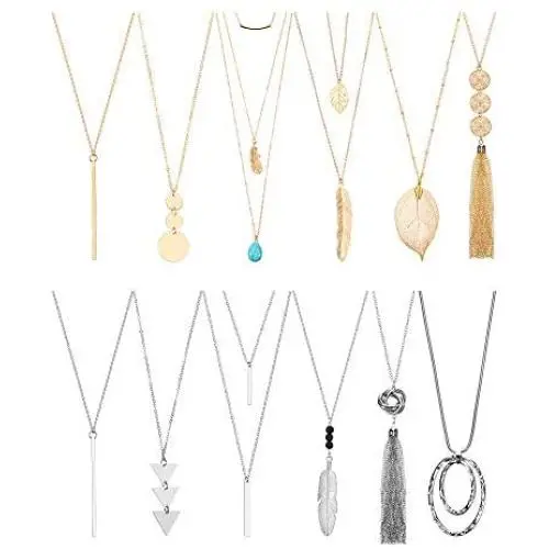 Hicarer 12 Pieces Long Pendant Necklace Set Y Tassel Leaf Circle Bar Necklace for Women Hicarer 12 Pieces Long Pendant Necklace Set Y Tassel Leaf Circle Bar Necklace for Women