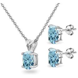 Sterling Silver 8x6mm Oval-Cut Solitaire Pendant Necklace & Stud Earrings Set Made w/Swarovski Crystals
