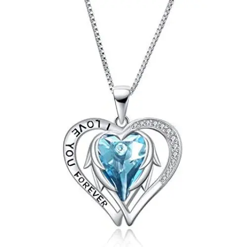 AOBOCO Sterling Silver Angel Heart Necklace Engraved I Love You Forever Pendant with Aquamarine Heart Crystal, Anniversary Birthday Jewelry Gift for Women Wife Girlfriend AOBOCO Sterling Silver Angel Heart Necklace Engraved I Love You Forever Pendant with Aquamarine Heart Crystal, Anniversary Birthday Jewelry Gift for Women Wife Girlfriend