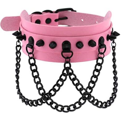 FM FM42 Unisex Multicolor Simulated Leather PU Black-Tone Rivets Spike Spiked 3 Layer Chains Choker Collar Necklace