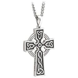 Mens Cross Necklace Silver 2 Sided 24 Inches Chain Made in Ireland
