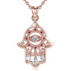 EUDORA Sterling Silver Hamsa Necklace Good Luck Vintage Fatima Hand Evil Eye Pendant, 18'' Chain (Rose Gold)