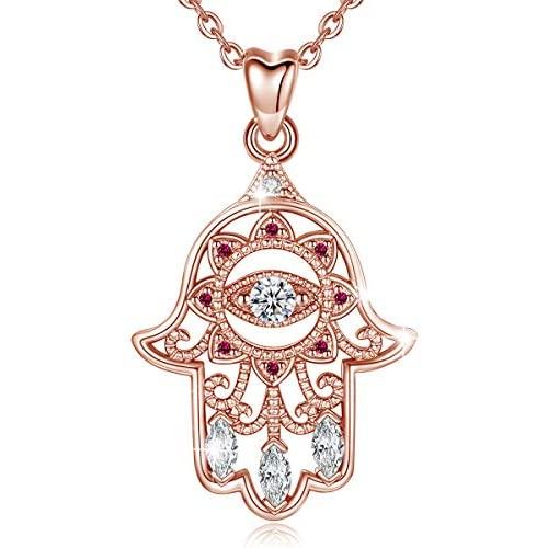 EUDORA Sterling Silver Hamsa Necklace Good Luck Vintage Fatima Hand Evil Eye Pendant, 18'' Chain (Rose Gold)