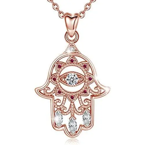 EUDORA Sterling Silver Hamsa Necklace Good Luck Vintage Fatima Hand Evil Eye Pendant, 18'' Chain (Rose Gold) EUDORA Sterling Silver Hamsa Necklace Good Luck Vintage Fatima Hand Evil Eye Pendant, 18'' Chain (Rose Gold)