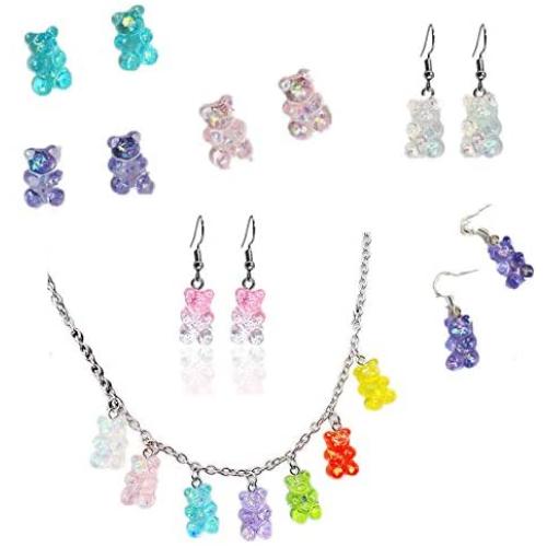 Gummy Bear Necklace Bracelet Set Colorful Multicolor Transparent Resin Bear Earring Shiny Bear Necklace Earrings Set Cartoon Cute Candy Color Crazy Aesthetic Pendant Necklace for Girls Women Jewelry