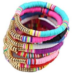 The Woos 10Pcs Colorful Polymer Clay Bracelets Handmade Rainbow Disc Bead Elastic Rope Stretch Bracelets Boho Beaded Bracelet Set Summer Beach Surf Stackable Jewelry for Women Girl