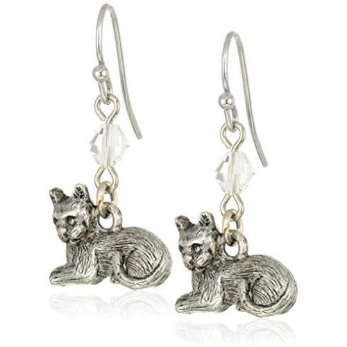 1928 Jewelry Womens Pewter Cat Wire Earrings, Silver, One Size