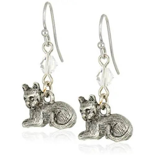 1928 Jewelry Womens Pewter Cat Wire Earrings, Silver, One Size 1928 Jewelry Womens Pewter Cat Wire Earrings, Silver, One Size