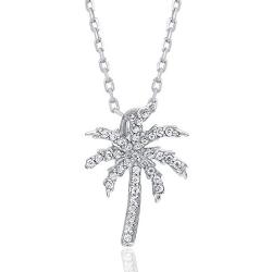 TJD 1/10 Carat Natural Diamond Pendant Necklace 10K White Gold (H-I Color, I2-I3 Clarity) Palm Tree Diamond Pendant Necklace for Women Diamond Jewelry Gifts for Women