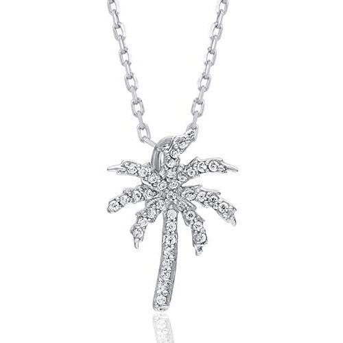 TJD 1/10 Carat Natural Diamond Pendant Necklace 10K White Gold (H-I Color, I2-I3 Clarity) Palm Tree Diamond Pendant Necklace for Women Diamond Jewelry Gifts for Women
