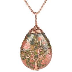 JUST IN STONES Gemstones Healing Crystal Wire Wrapped Copper Tree of Life Teardrop Vintage Style Pendant Necklace