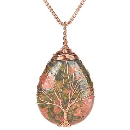 JUST IN STONES Gemstones Healing Crystal Wire Wrapped Copper Tree of Life Teardrop Vintage Style Pendant Necklace