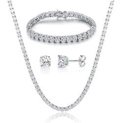 GEMSME 18K White Gold Plated Graduated Round Cubic Zirconia Tennis Necklace/Bracelet/Earrings Sets Pack of 3