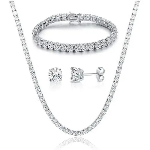 GEMSME 18K White Gold Plated Graduated Round Cubic Zirconia Tennis Necklace/Bracelet/Earrings Sets Pack of 3 GEMSME 18K White Gold Plated Graduated Round Cubic Zirconia Tennis Necklace/Bracelet/Earrings Sets Pack of 3