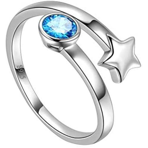 Round Crystal Solitaire Birthstone Ring Adjustable Women 925 Sterling Silver Cubic Zirconia Birth Month Open Ring Stackable Statement Rings for Girls Birthstone Wedding Engagement Ring Jewelry Gift