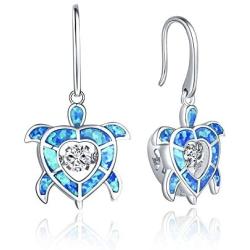 JO WISDOM Blue Fire Opal Dolphins/Turtle/Mermaid Tail Earrings,925 Sterling Silver Dancing Diamond Cubic Zirconia Drop & Dangle Fish Hook Animal Earrings