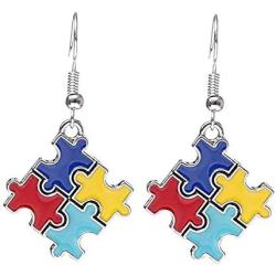Eiffy Autism Awareness Hope Jigsaw Puzzle Piece Drop Earring Heart Cross Pendant Necklace Bracelet with Snake Chain for Women Jewelry