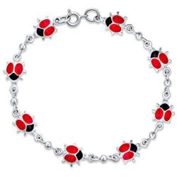 Red Lucky Ladybugs Small Enamel Station Charm Bracelet For Women For Teen 925 Sterling Silver