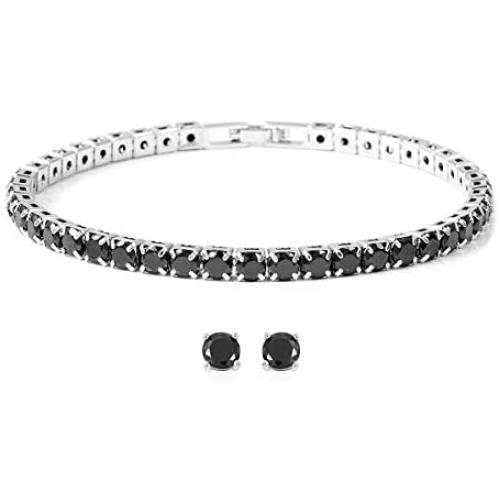 Shop LC Delivering Joy Line Women Round Cut Cubic Zirconia CZ Tennis Bracelet with Stud Solitaire Earrings Prom Jewellery Set (White/Black/Red)