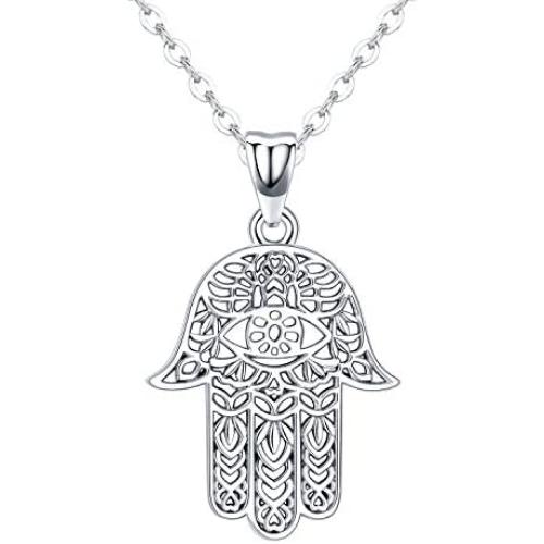 Hamsa Hand Necklace,925 Sterling Silver Pendant Jewelry for Women Men,Sacred Vintage Hand of Fatima Evil Eye Pendant with Fine Jewelry Gift Womens Path of Symbols Success Friendship Lotus Charm