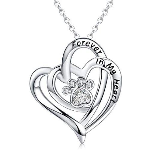 Dog Memorial Gifts Dog Paw Print Necklace for Women 925 Sterling Silver Forever in My Heart Pet Pendant Memorial Jewelry Gifts for Pet Lover Girls